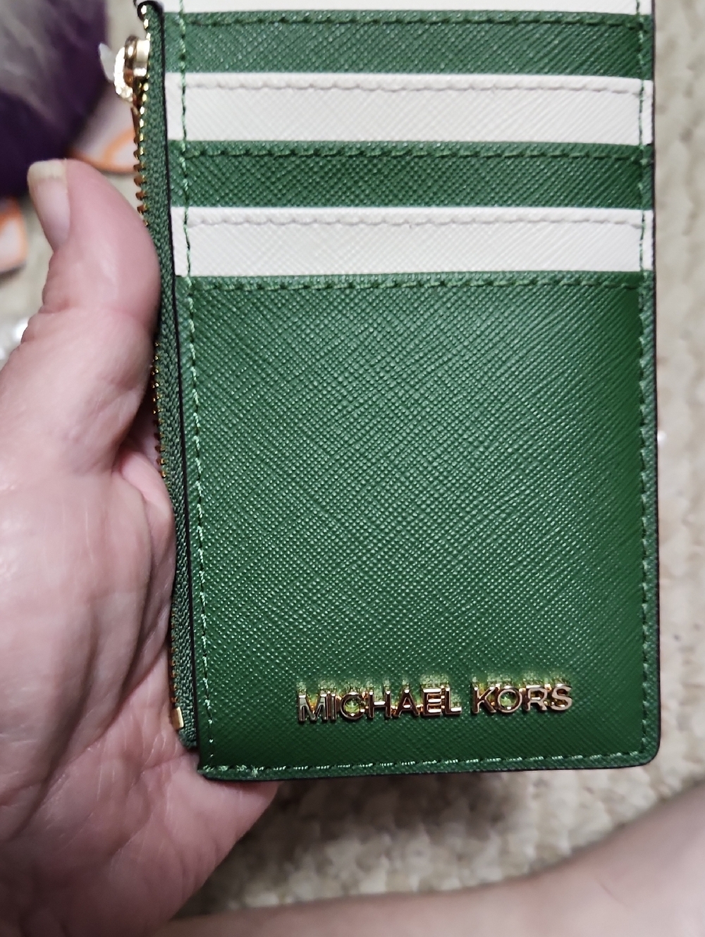 Michael Kors Green and White Saffiano Card Case with Gold Logo